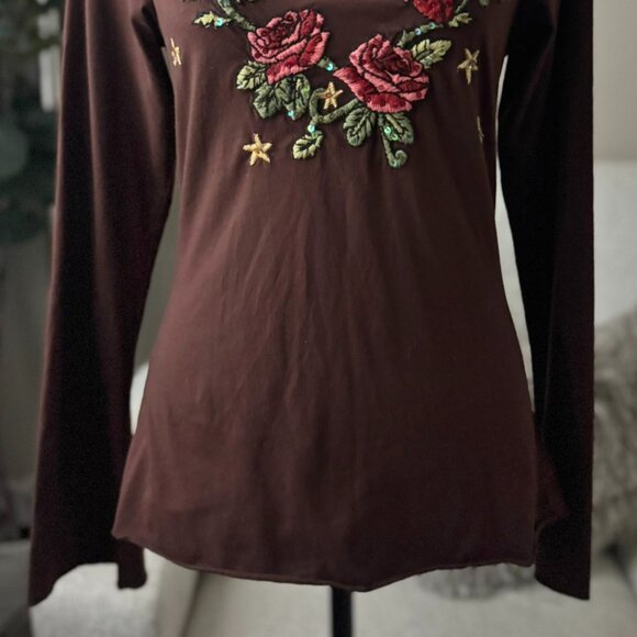 Womens Cruel Girl Brown Embroidered Sequin Embellished Shirt M Medium BEAUTIFUL - Picture 2 of 5